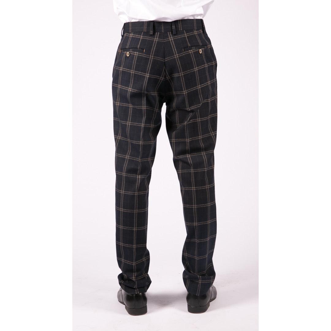 Mens Navy Blue Tan Prince Of Wales Check Trousers Regular Length Tailored Fit - Knighthood Store