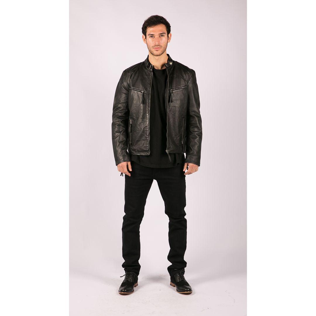 Mens Real Leather Jacket Biker Style Vintage Black Zipped Pockets Casual Fitted - Knighthood Store