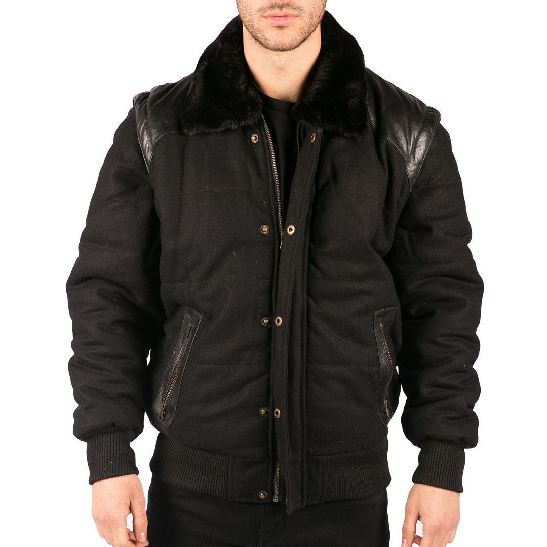 Men's Black Leather Shoulder Patches Bomber Jacket with Removable Sleeves - Knighthood Store