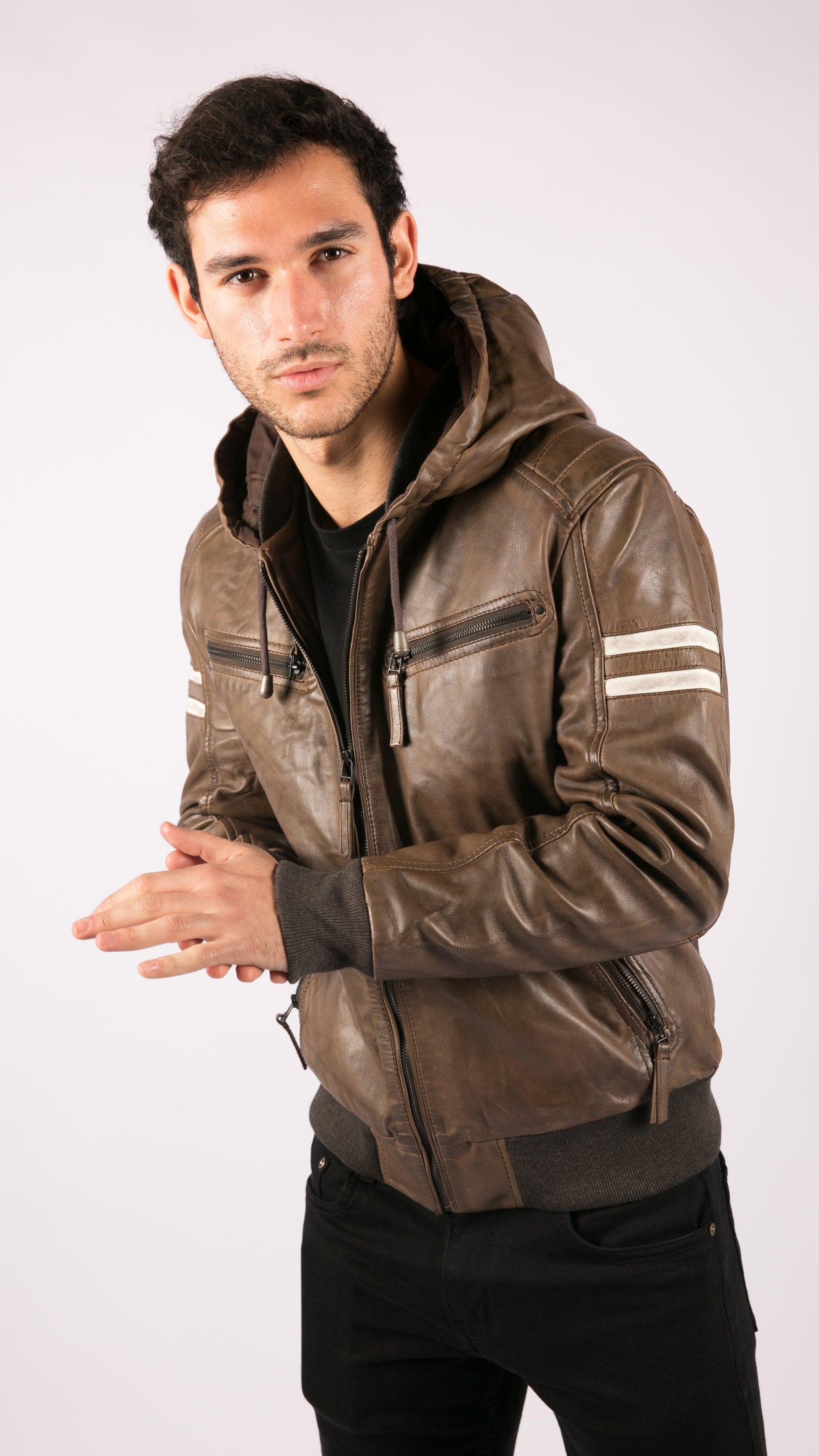 Mens Blue Black Hood Real Leather Bomber Jacket Red Stripes Quilted Slim Fit Casual - Knighthood Store