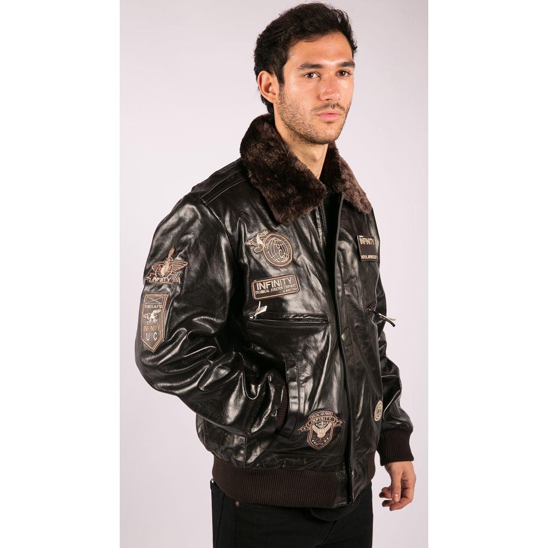 Mens Real Leather Jacket Bomber Aviator Style Badge Design Brown - Knighthood Store
