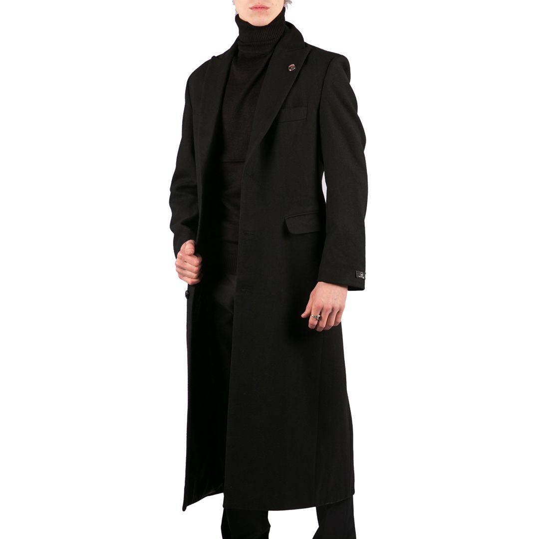 Mens Full Length Overcoat Mac Jacket Wool Feel Charcoal Black 1920s Blinders - Knighthood Store