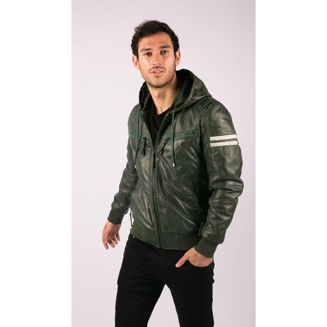 Mens Blue Black Hood Real Leather Bomber Jacket Red Stripes Quilted Slim Fit Casual - Knighthood Store