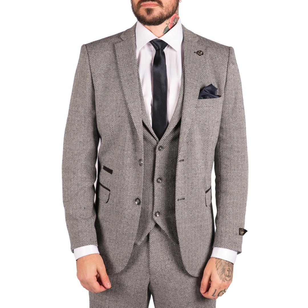Mens Light Grey 3 Piece Tweed Suit Herringbone Wool Vintage Retro - Knighthood Store