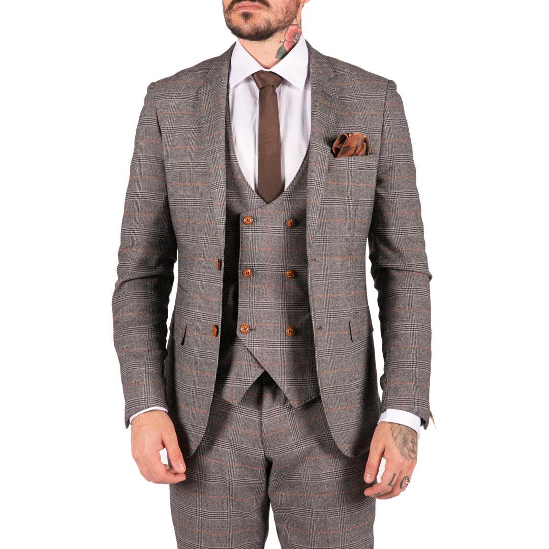 Mens 3 Piece Navy Blue Tan Check Double Breasted Waistcoat Formal Suit Classic - Knighthood Store