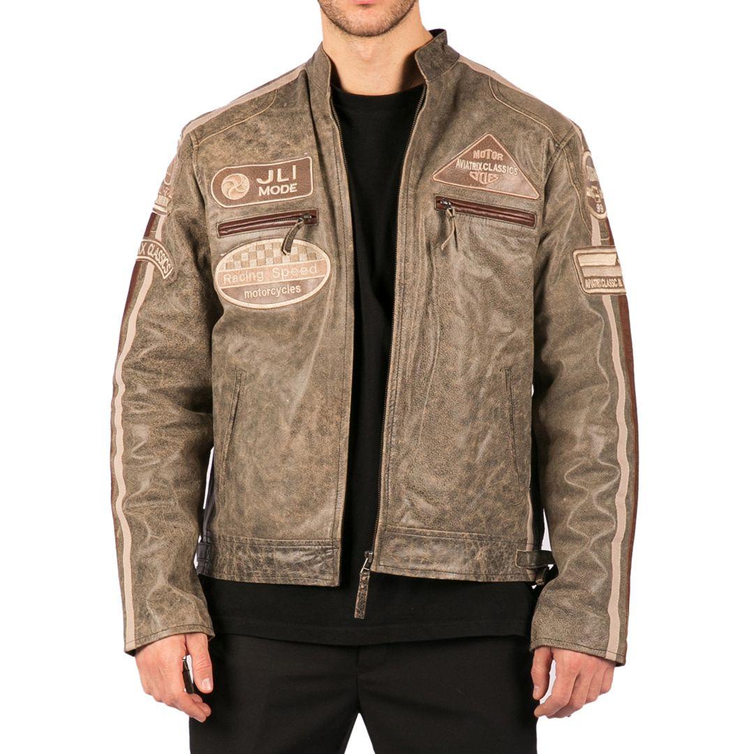 Mens Classic Retro Biker Racer Real Leather Jacket Desert Brown Grey Casual - Knighthood Store