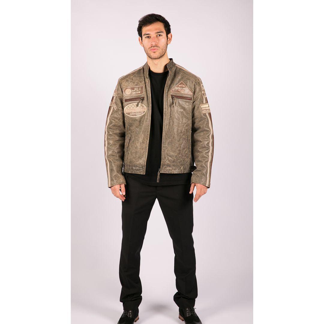 Mens Classic Retro Biker Racer Real Leather Jacket Desert Brown Grey Casual - Knighthood Store