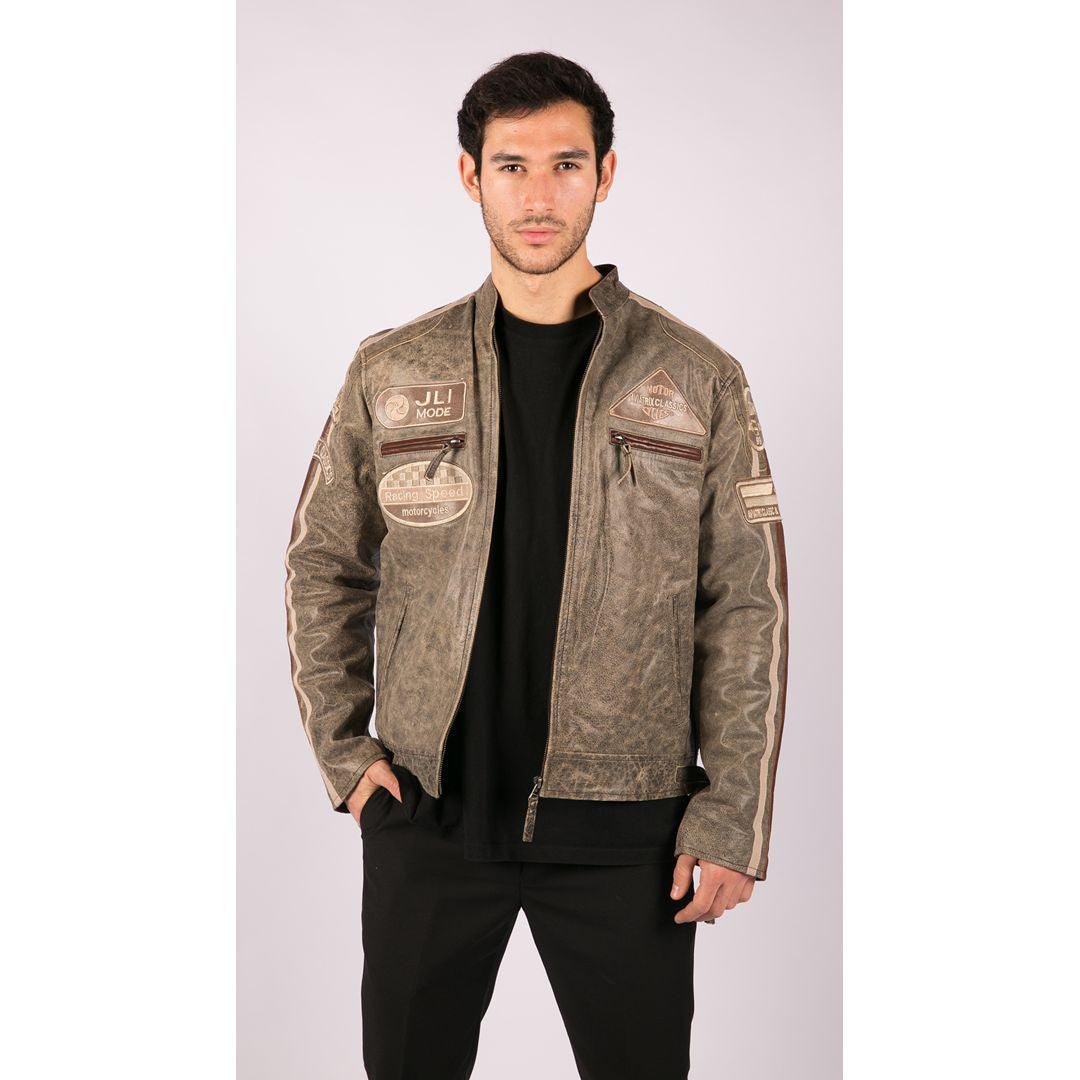 Mens Classic Retro Biker Racer Real Leather Jacket Desert Brown Grey Casual - Knighthood Store