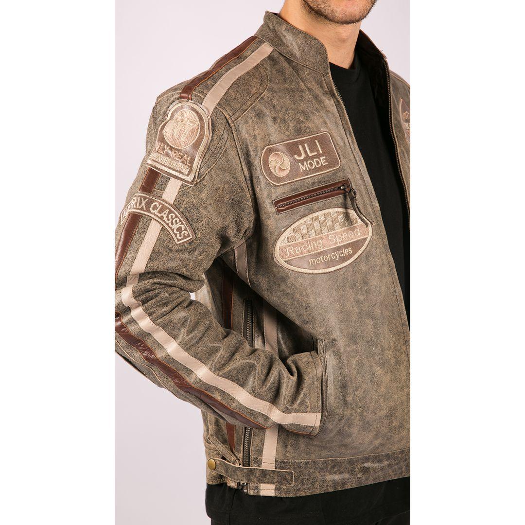 Mens Classic Retro Biker Racer Real Leather Jacket Desert Brown Grey Casual - Knighthood Store
