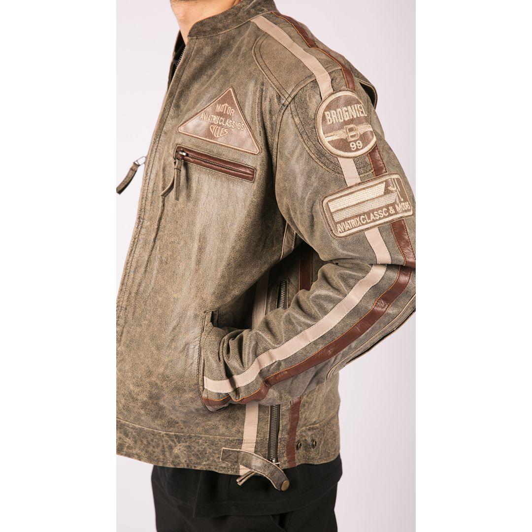Mens Classic Retro Biker Racer Real Leather Jacket Desert Brown Grey Casual - Knighthood Store
