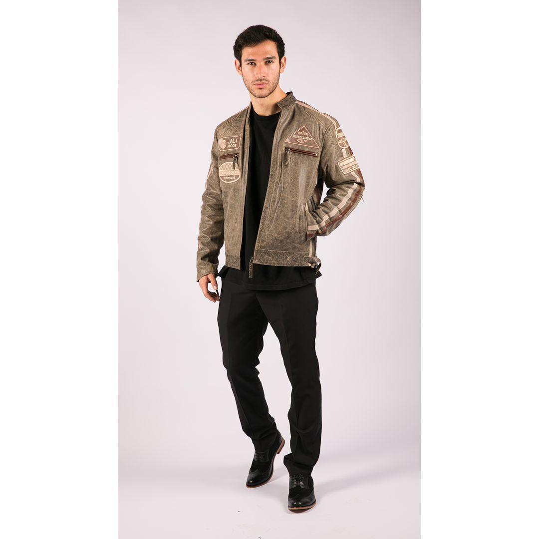 Mens Classic Retro Biker Racer Real Leather Jacket Desert Brown Grey Casual - Knighthood Store