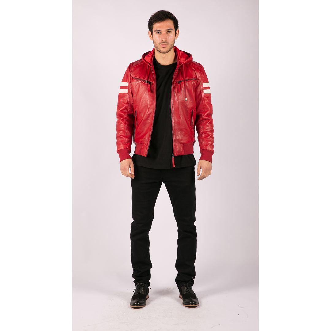 Mens Blue Black Hood Real Leather Bomber Jacket Red Stripes Quilted Slim Fit Casual - Knighthood Store