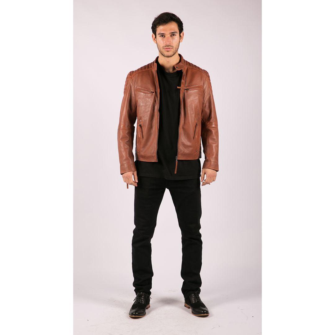 Mens Blue Grey Real Leather Designer Zipped Biker Jacket Washed Casual Vintage - Knighthood Store