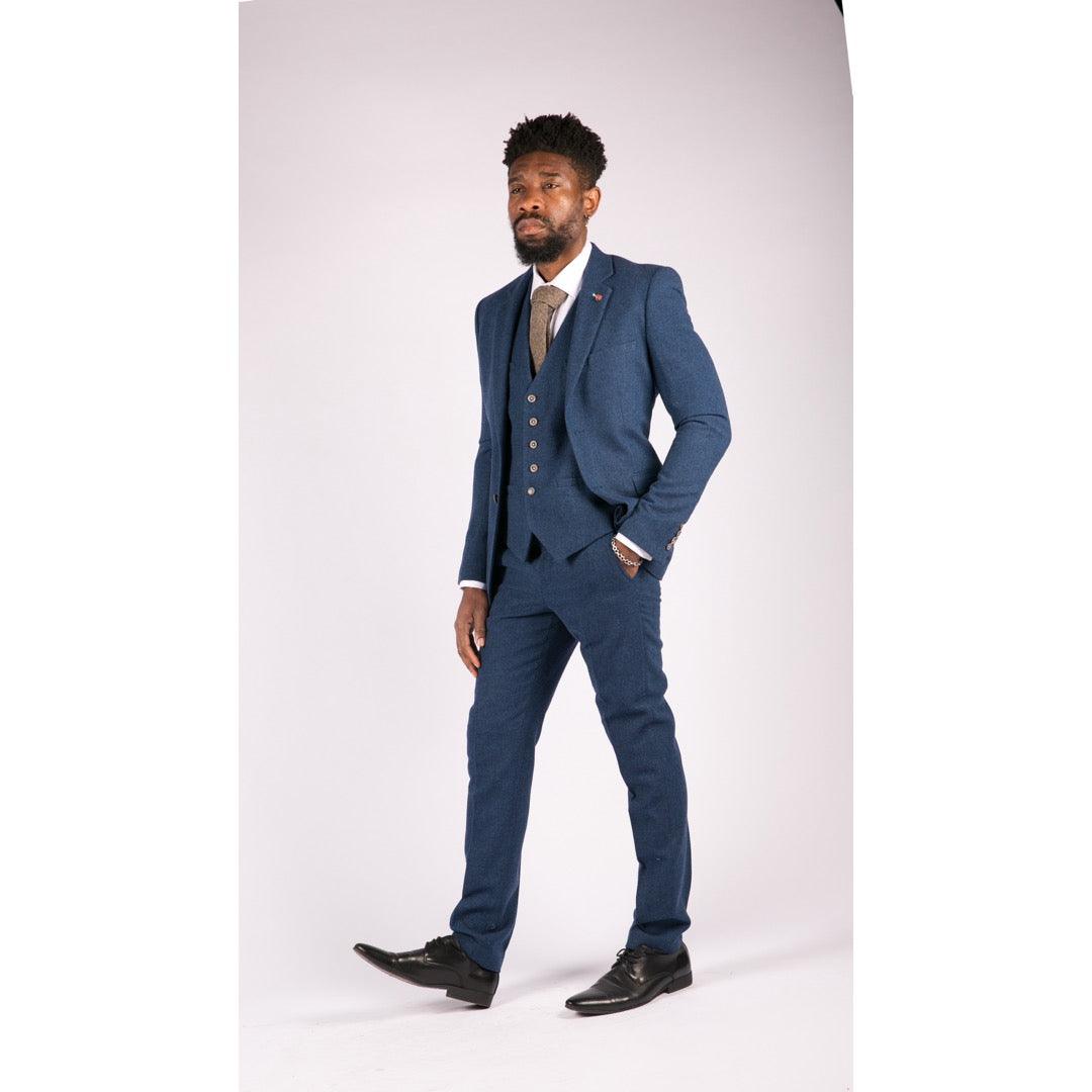 Mens 3 Piece Wool Suit Blue Tweed Vintage 1920s Classic 4 Pocket Waistcoat - Knighthood Store