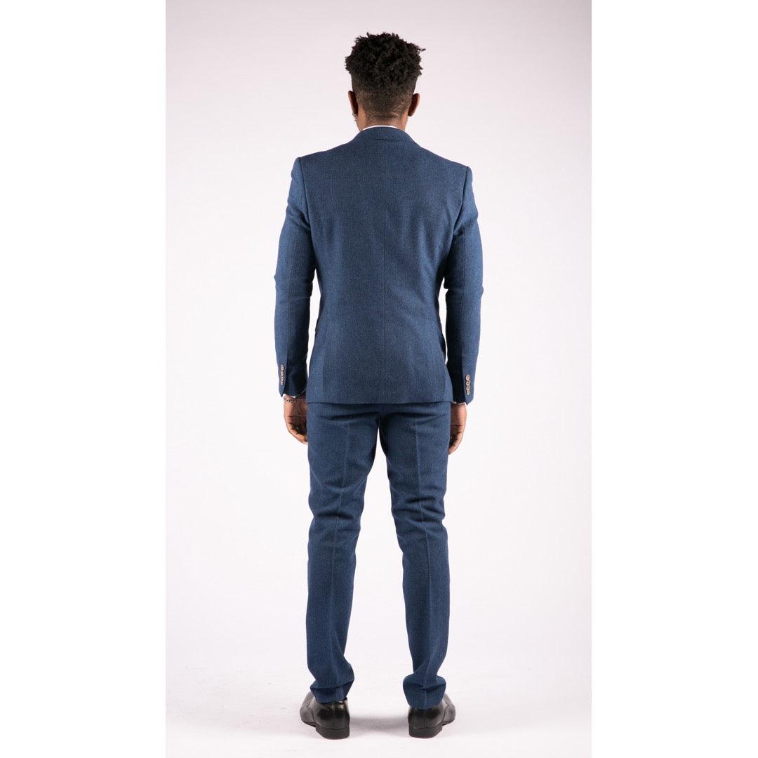 Mens 3 Piece Wool Suit Blue Tweed Vintage 1920s Classic 4 Pocket Waistcoat - Knighthood Store