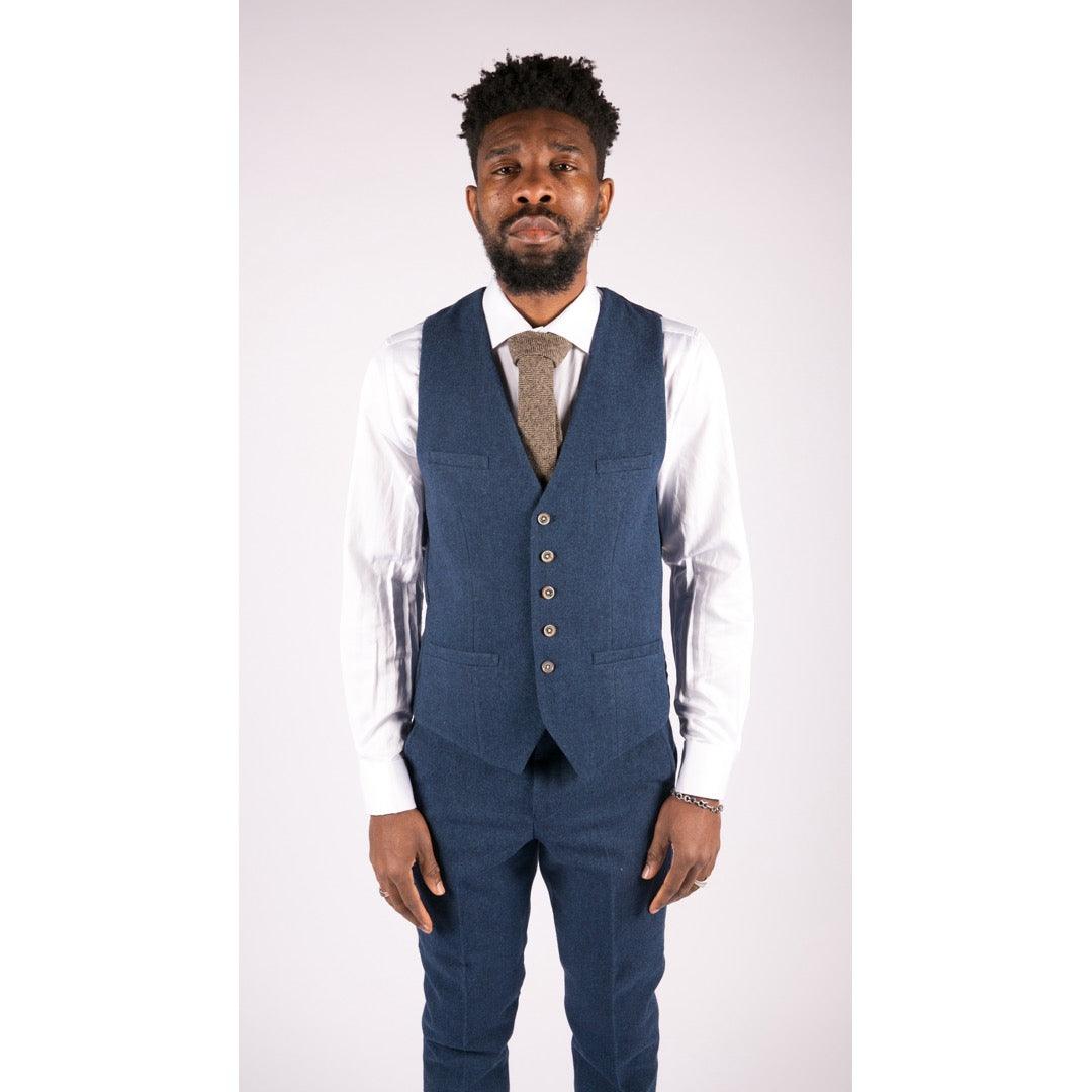 Mens 3 Piece Wool Suit Blue Tweed Vintage 1920s Classic 4 Pocket Waistcoat - Knighthood Store