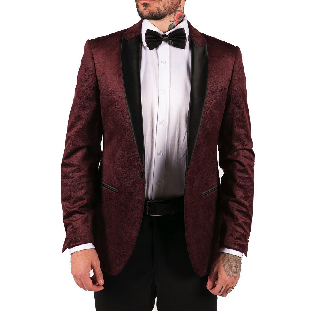 Mens Marc Darcy Velvet Paisley Wine Black Blazer Tuxedo Dinner Jacket Smart Casual - Knighthood Store