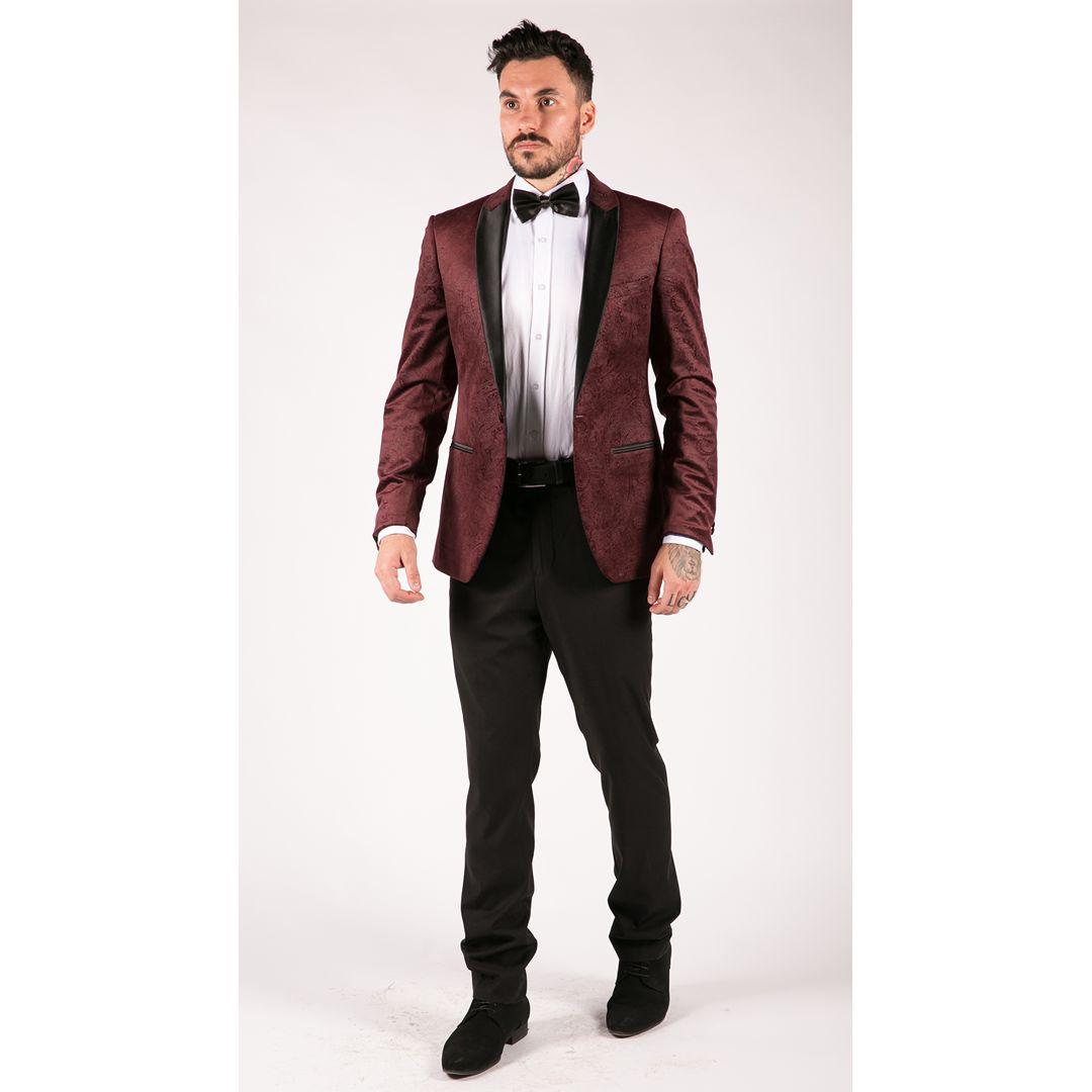Mens Marc Darcy Velvet Paisley Wine Black Blazer Tuxedo Dinner Jacket Smart Casual - Knighthood Store