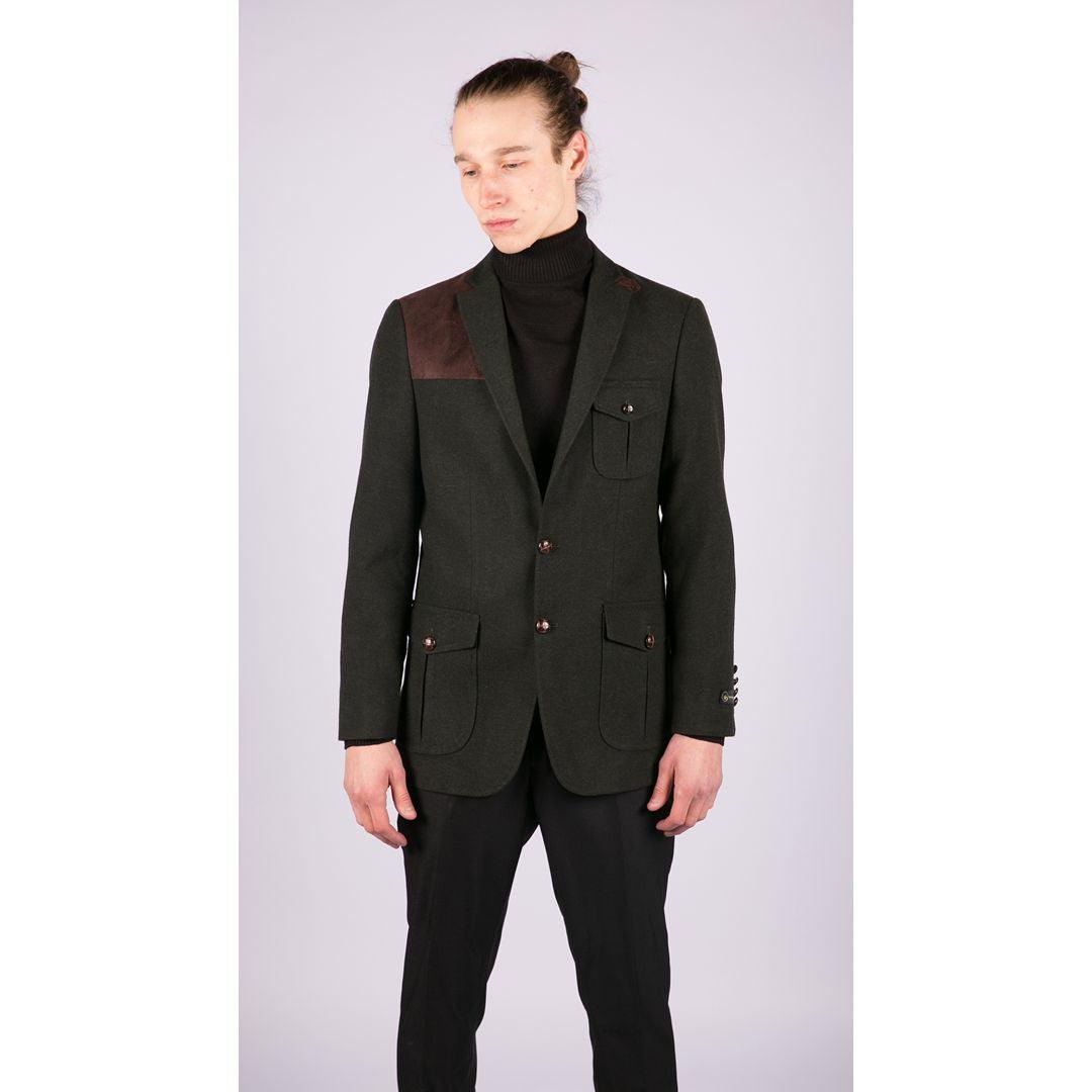 Mens Wool Tweed Shooting Jacket Hunting Blazer Smart Casual Elbow Patch Olive - Knighthood Store