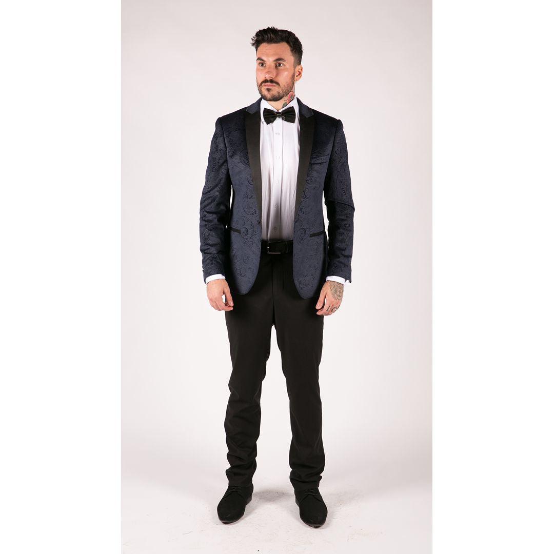 Mens Marc Darcy Velvet Paisley Blue Black Blazer Tuxedo Dinner Jacket Smart Casual - Knighthood Store