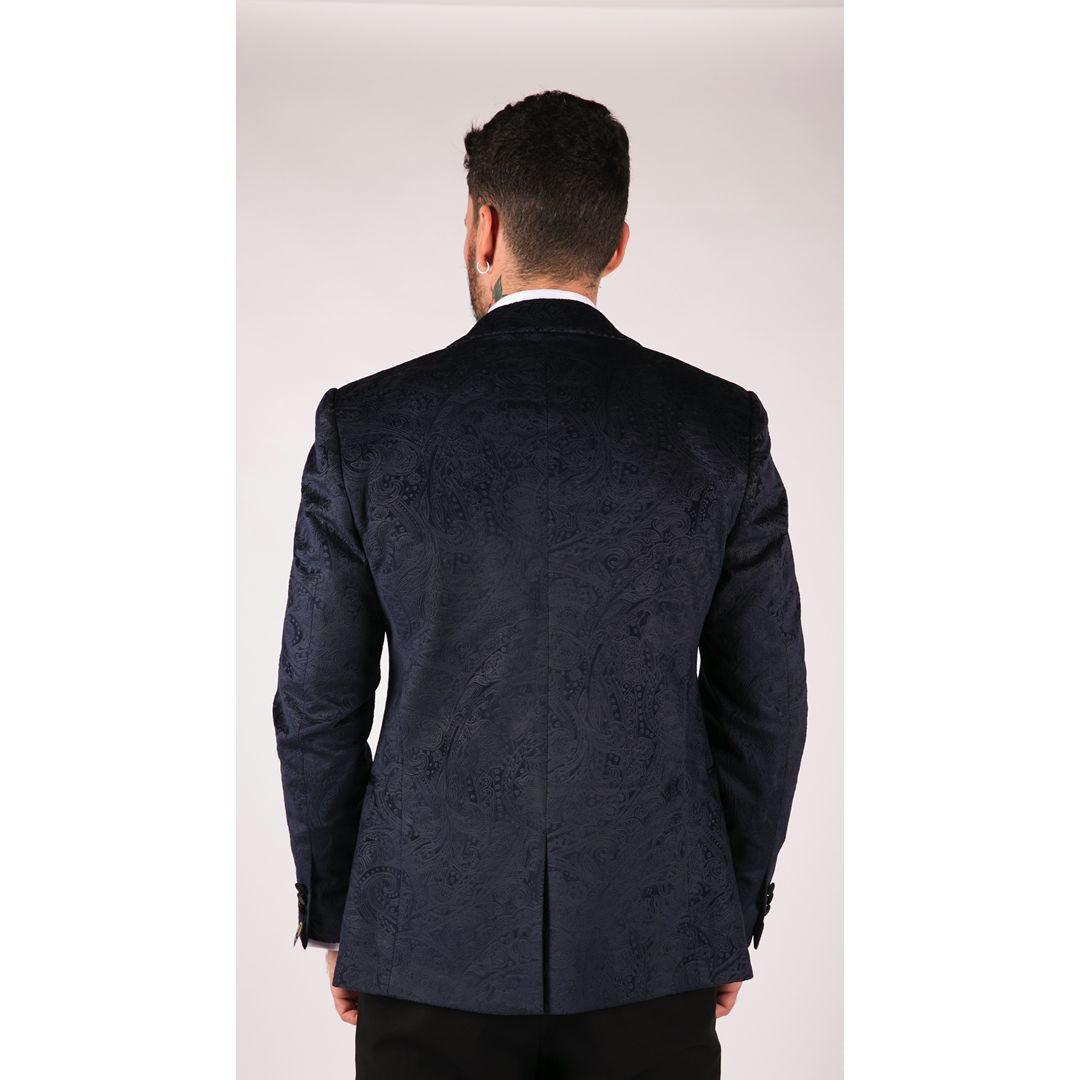 Mens Marc Darcy Velvet Paisley Blue Black Blazer Tuxedo Dinner Jacket Smart Casual - Knighthood Store