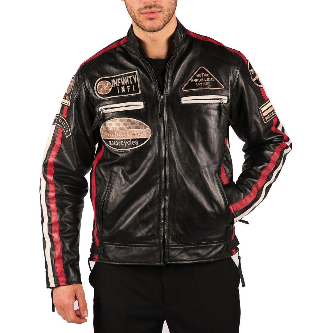 Mens Classic Retro Biker Racer Real Leather Jacket Black Zipped Casual Badge - Knighthood Store