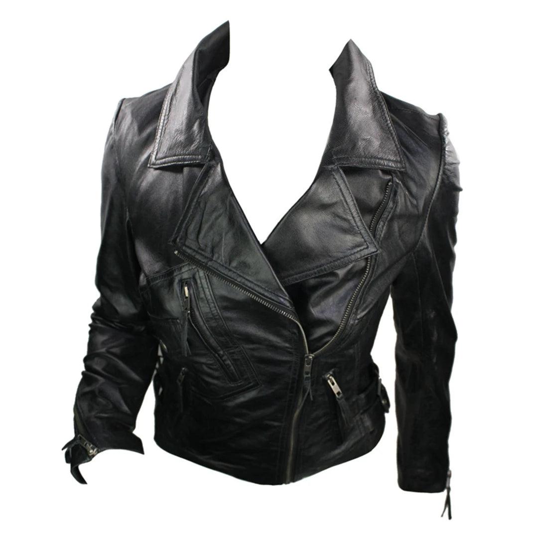 Ladies 100% Real Leather Jacket Short Fitted Bikers Style Black Vintage Rock - Knighthood Store