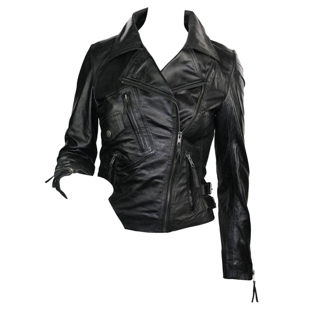 Ladies 100% Real Leather Jacket Short Fitted Bikers Style Black Vintage Rock - Knighthood Store