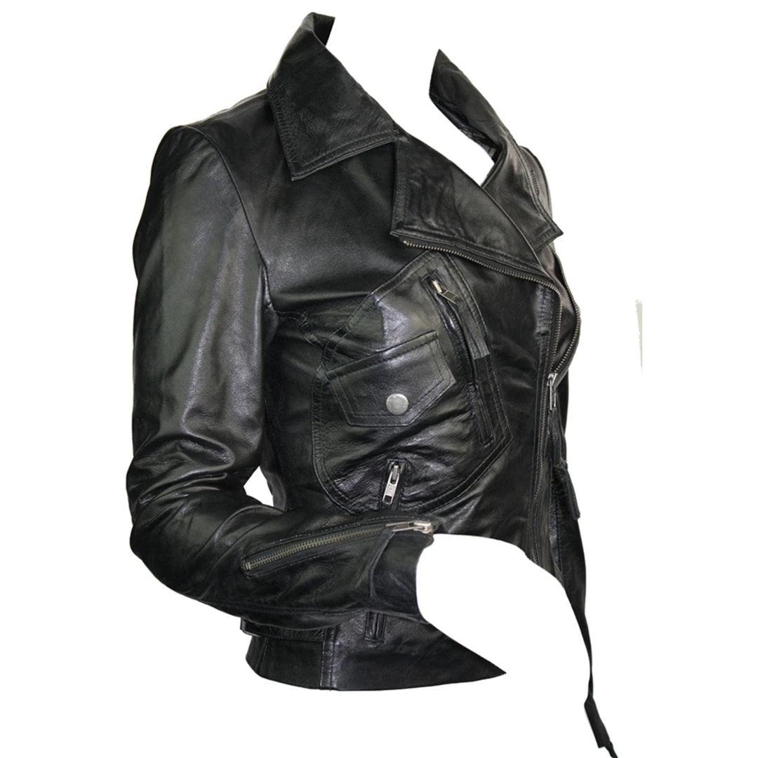 Ladies 100% Real Leather Jacket Short Fitted Bikers Style Black Vintage Rock - Knighthood Store