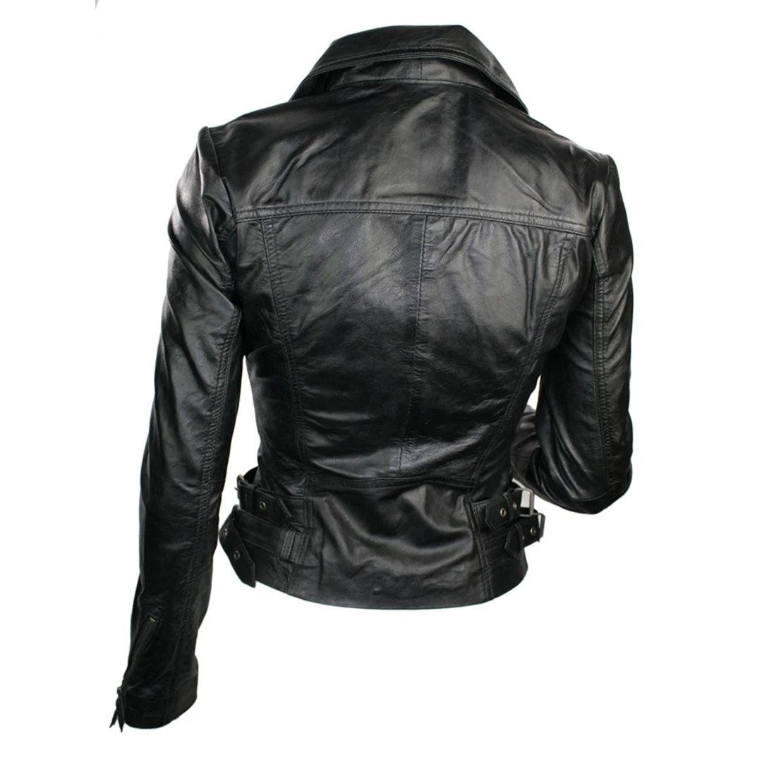 Ladies 100% Real Leather Jacket Short Fitted Bikers Style Black Vintage Rock - Knighthood Store
