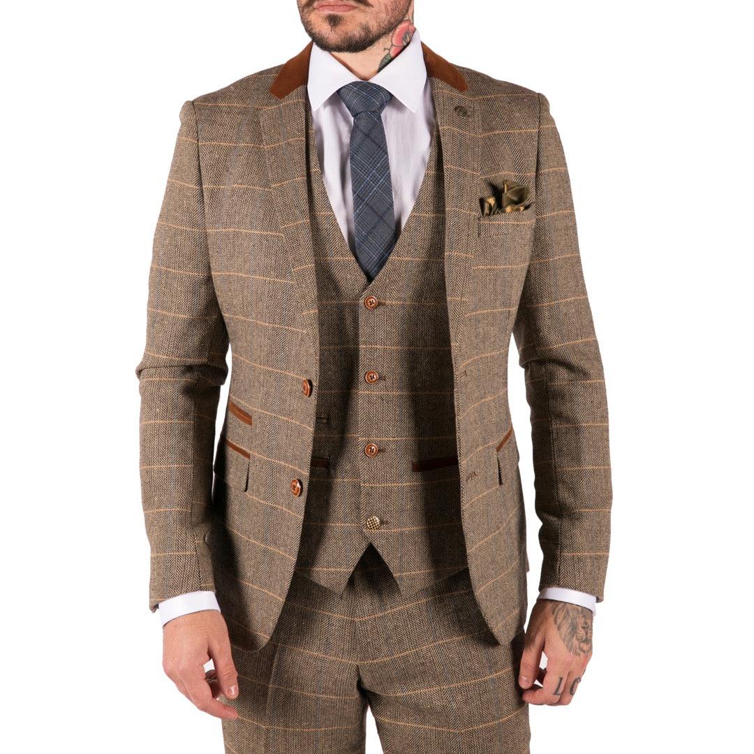 Mens Check Vintage Herringbone Tweed Tan Brown 3 Piece Suit Slim Fit Wedding - Knighthood Store