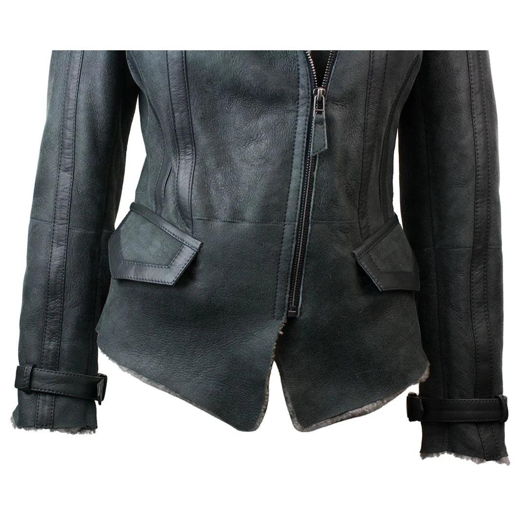 Ladies Women Short Biker Style Real Shearling Sheepskin Aviator Flying Leather Jacket Grey - Knighthood Store