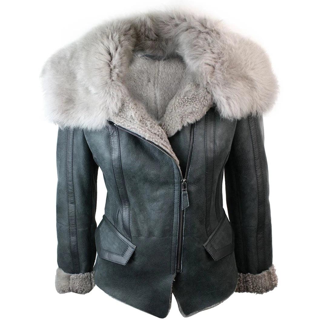 Ladies Women Short Biker Style Real Shearling Sheepskin Aviator Flying Leather Jacket Grey - Knighthood Store
