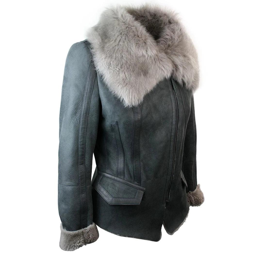 Ladies Women Short Biker Style Real Shearling Sheepskin Aviator Flying Leather Jacket Grey - Knighthood Store