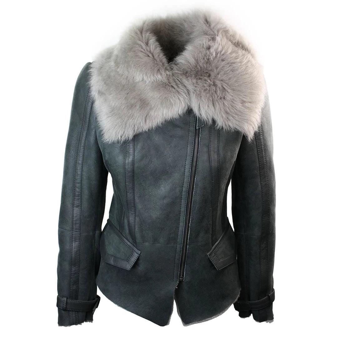 Ladies Women Short Biker Style Real Shearling Sheepskin Aviator Flying Leather Jacket Grey - Knighthood Store