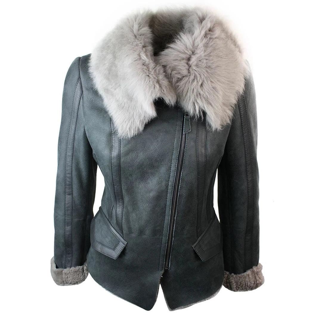 Ladies Women Short Biker Style Real Shearling Sheepskin Aviator Flying Leather Jacket Grey - Knighthood Store