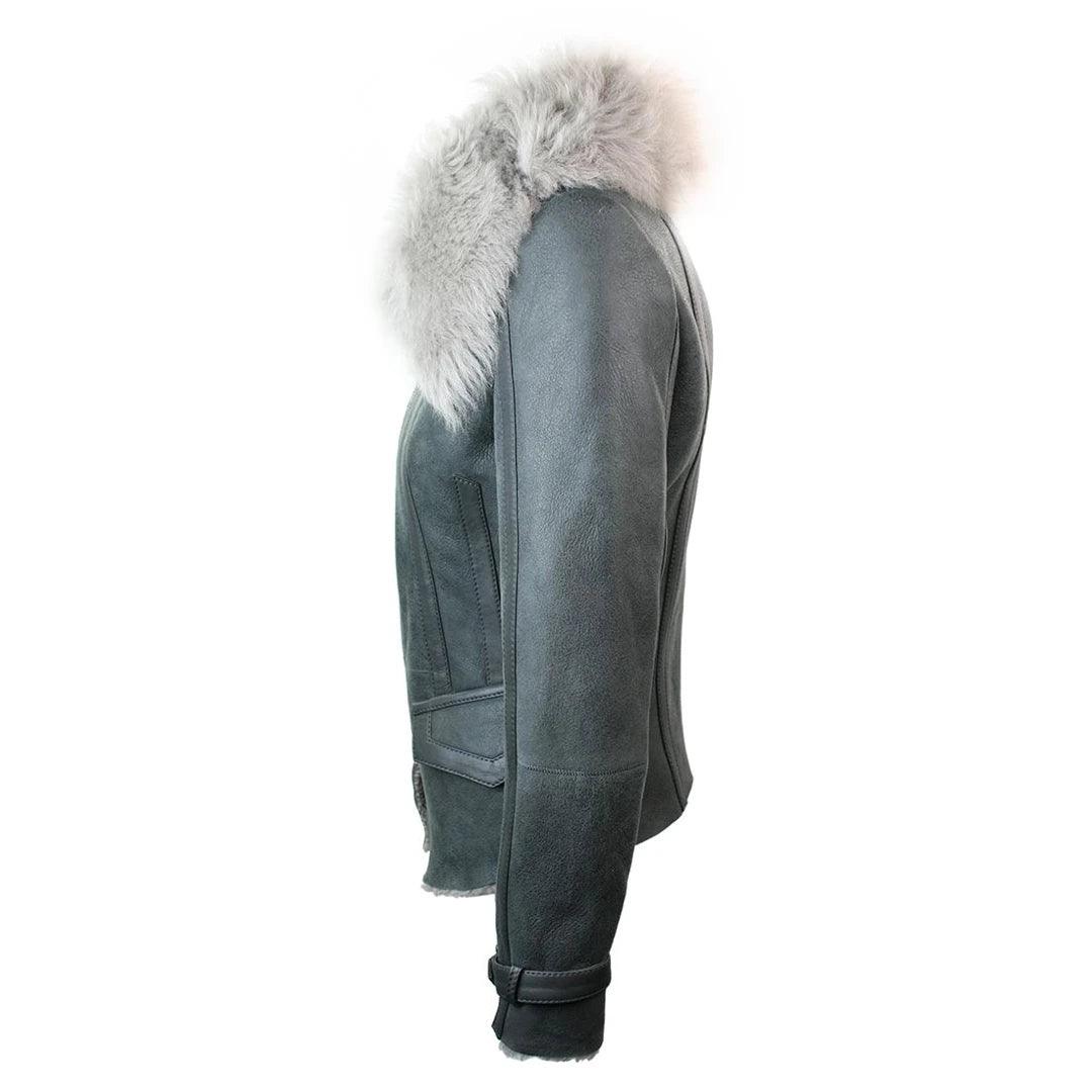 Ladies Women Short Biker Style Real Shearling Sheepskin Aviator Flying Leather Jacket Grey - Knighthood Store