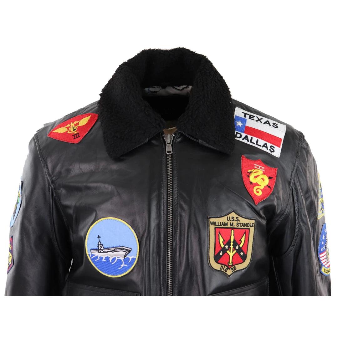 Mens Black Topgun Maverick Jacket Pilot Bomber US Badges Black Fur Tom Cat - Knighthood Store