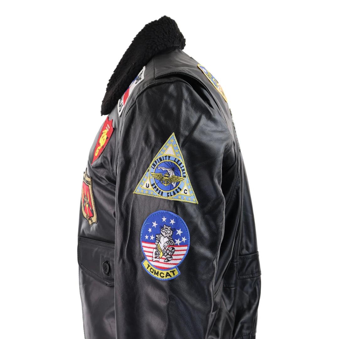 Mens Black Topgun Maverick Jacket Pilot Bomber US Badges Black Fur Tom Cat - Knighthood Store