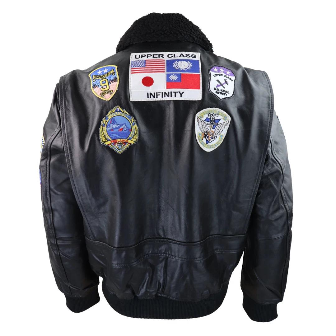 Mens Black Topgun Maverick Jacket Pilot Bomber US Badges Black Fur Tom Cat - Knighthood Store