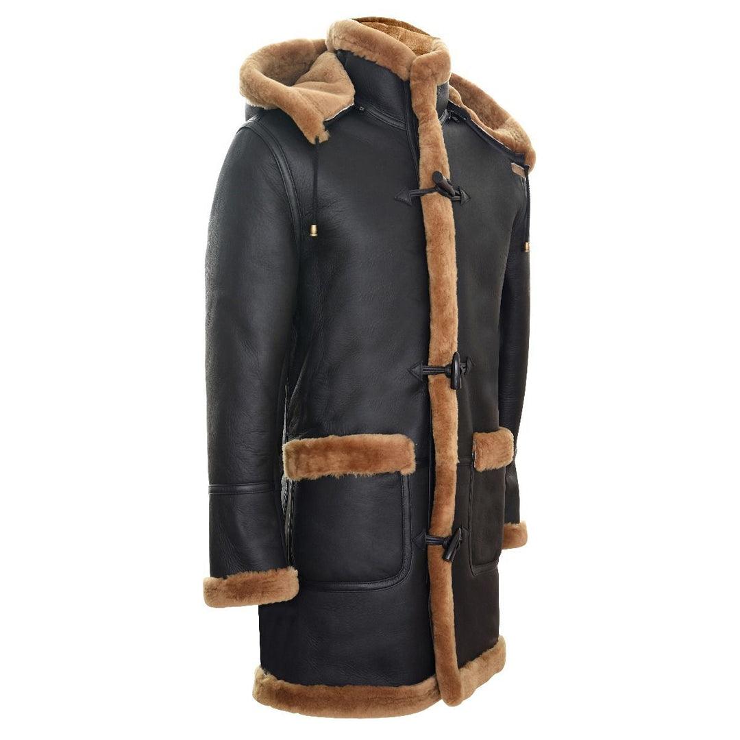 Mens Genuine Shearling Sheepskin Duffle Coat WW2 UK Winter 3/4 Hood Brown Ginger - Knighthood Store