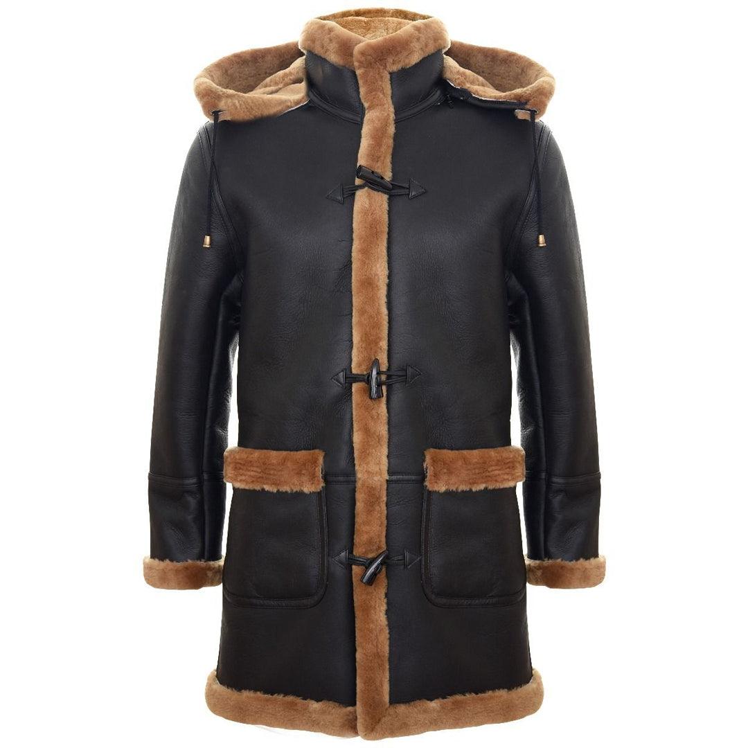 Mens Genuine Shearling Sheepskin Duffle Coat WW2 UK Winter 3/4 Hood Brown Ginger - Knighthood Store