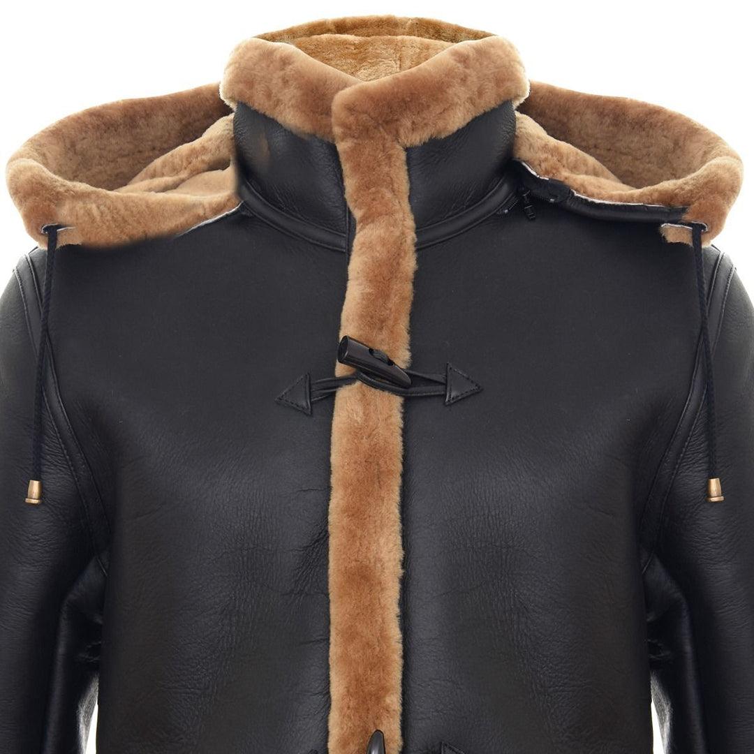 Mens Genuine Shearling Sheepskin Duffle Coat WW2 UK Winter 3/4 Hood Brown Ginger - Knighthood Store