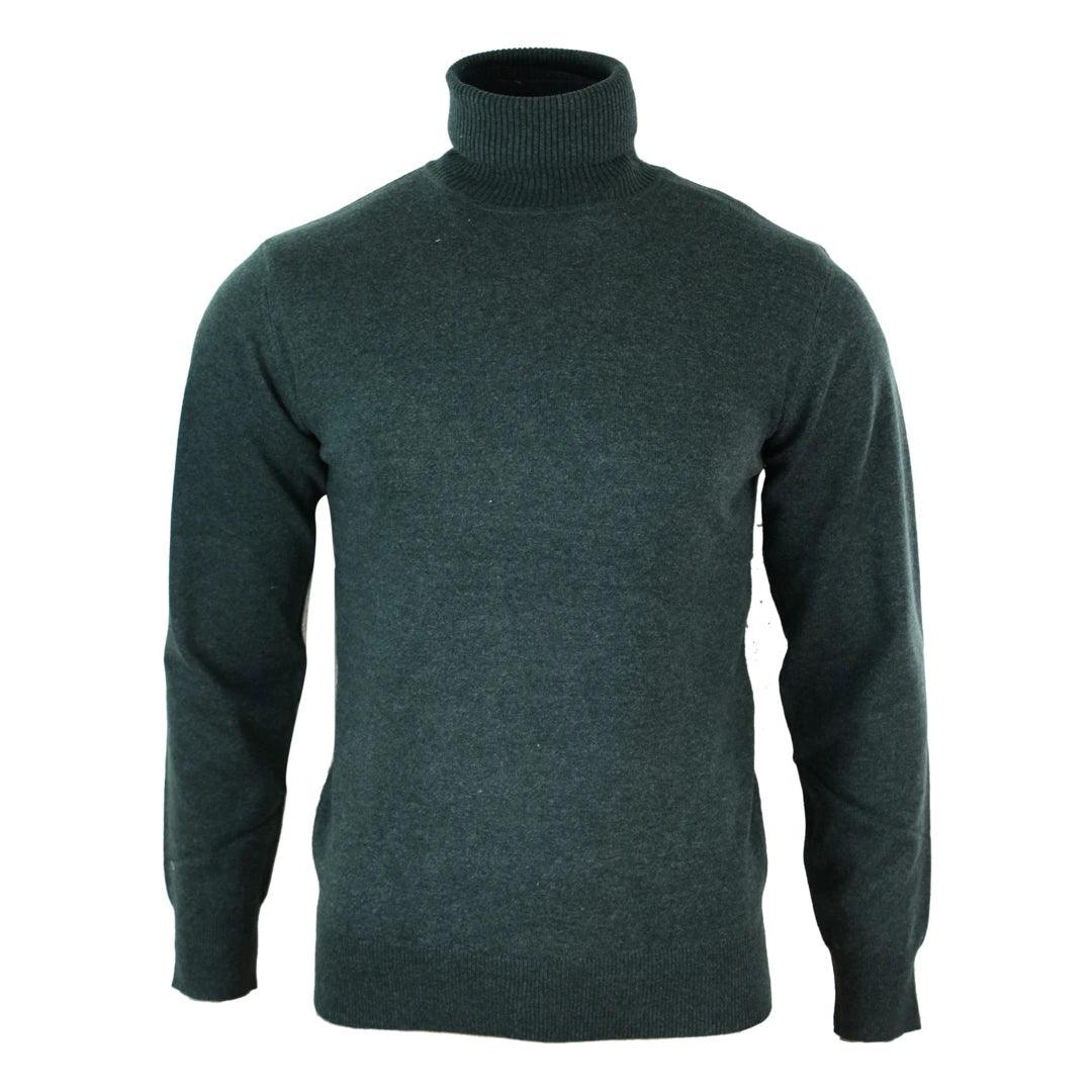 Mens Slim Fit Polar Roll Neck Jumper Light Weight Fitted Cashmere Wool Blend Grey Black Navy - Knighthood Store