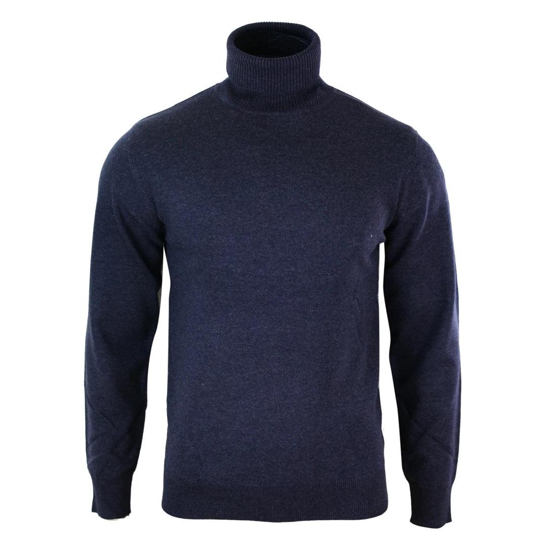 Mens Slim Fit Polar Roll Neck Jumper Light Weight Fitted Cashmere Wool Blend Grey Black Navy - Knighthood Store