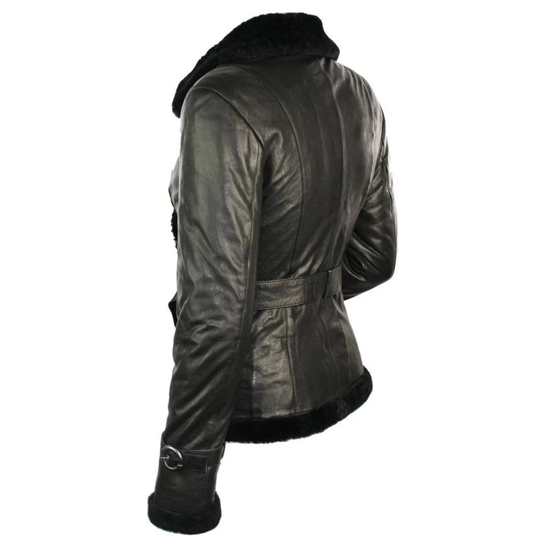 Ladies 100% Black Sheepskin Toscana Jacket Coat Military Blazer Style Belt Black - Knighthood Store