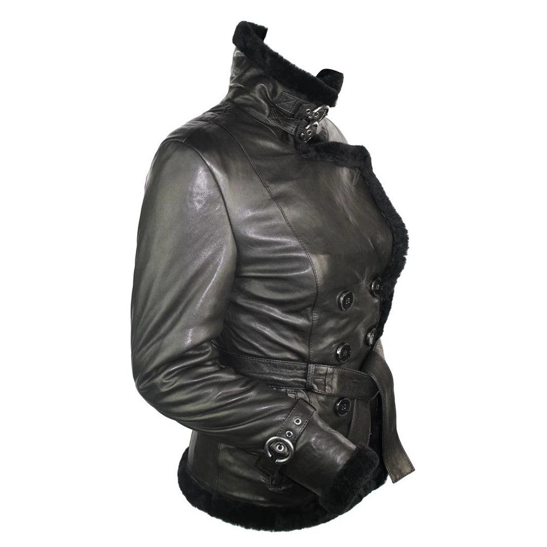 Ladies 100% Black Sheepskin Toscana Jacket Coat Military Blazer Style Belt Black - Knighthood Store
