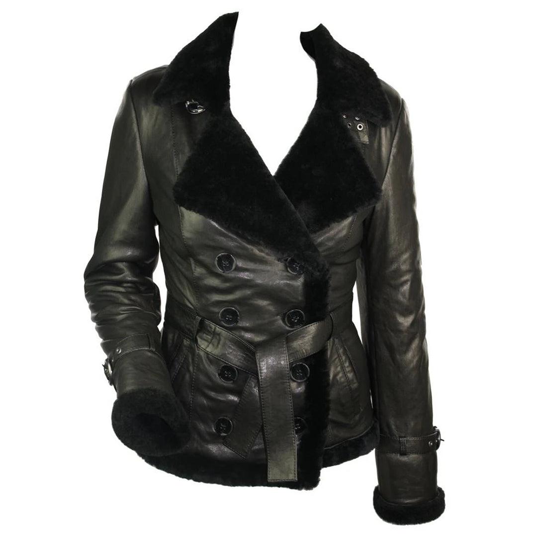 Ladies 100% Black Sheepskin Toscana Jacket Coat Military Blazer Style Belt Black - Knighthood Store