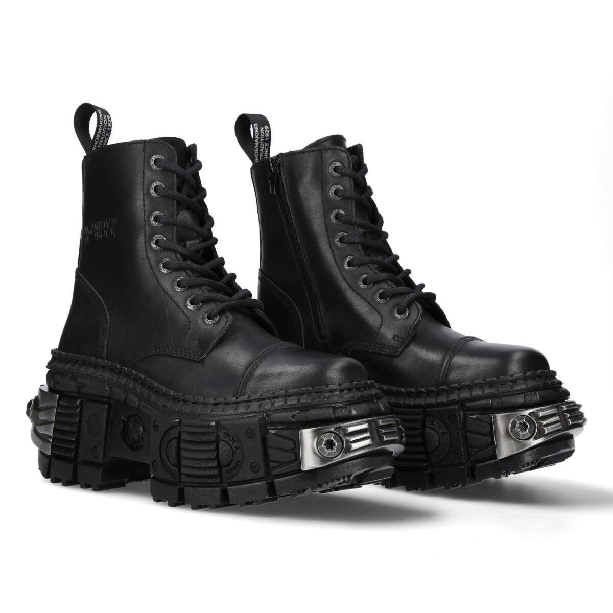 New Rock Boots WALL083C-S4 Unisex Metallic Black Leather Platform Gothic Boots - Knighthood Store