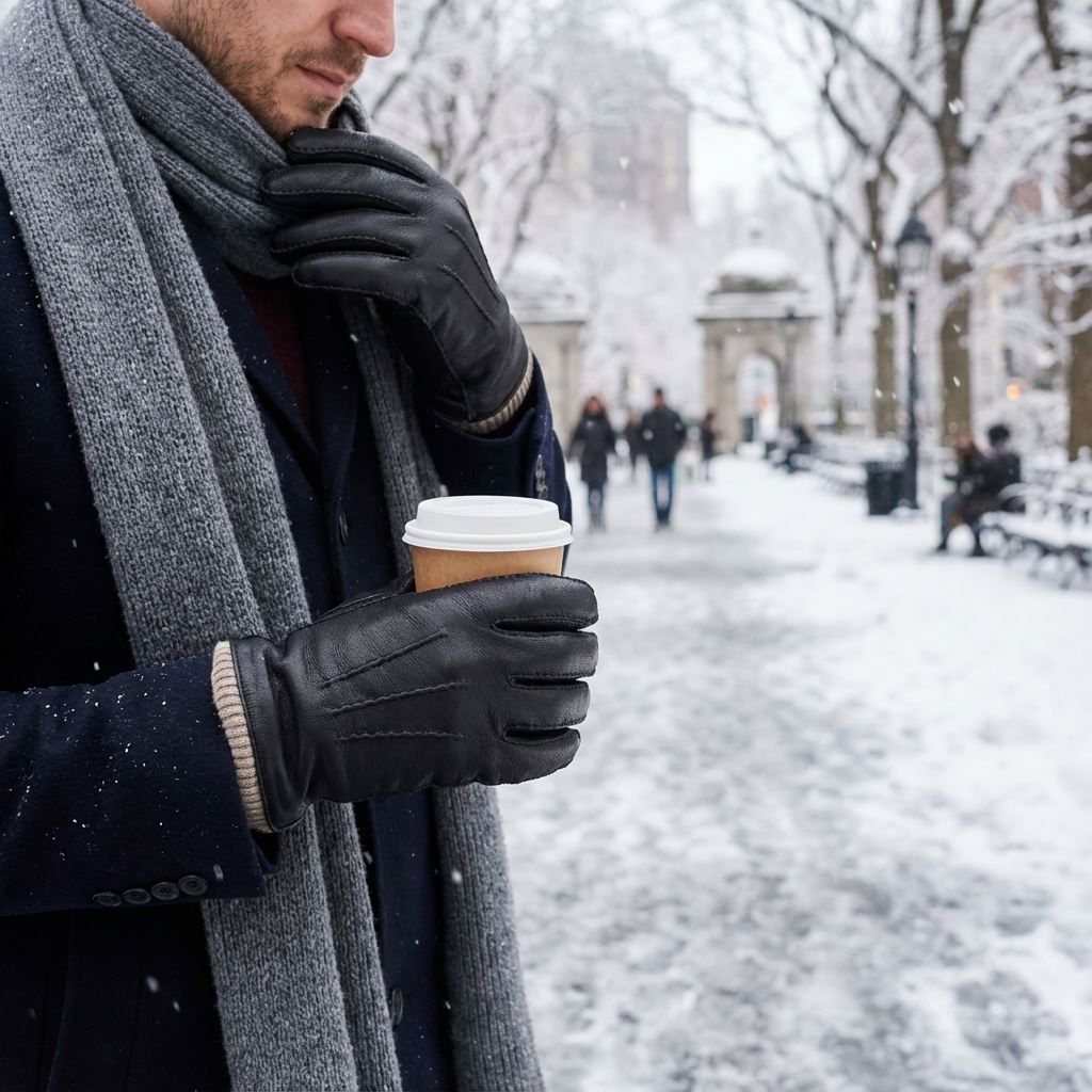 Men’s Genuine Leather Wool Lined Ribbed Knit Cuff Gloves